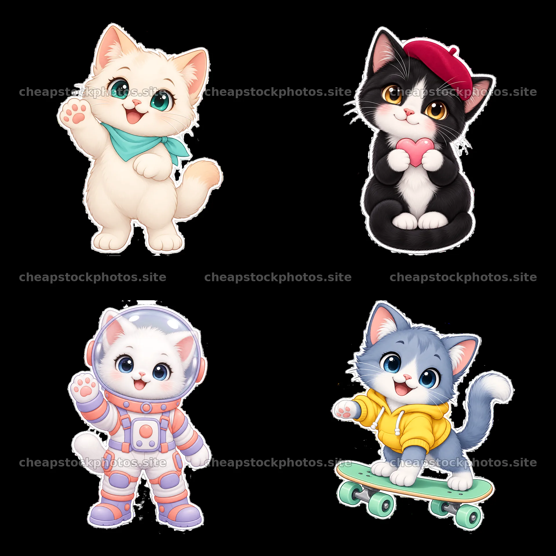 Cute kawaii cats in playful poses with accessories – stock photos 7746x7746