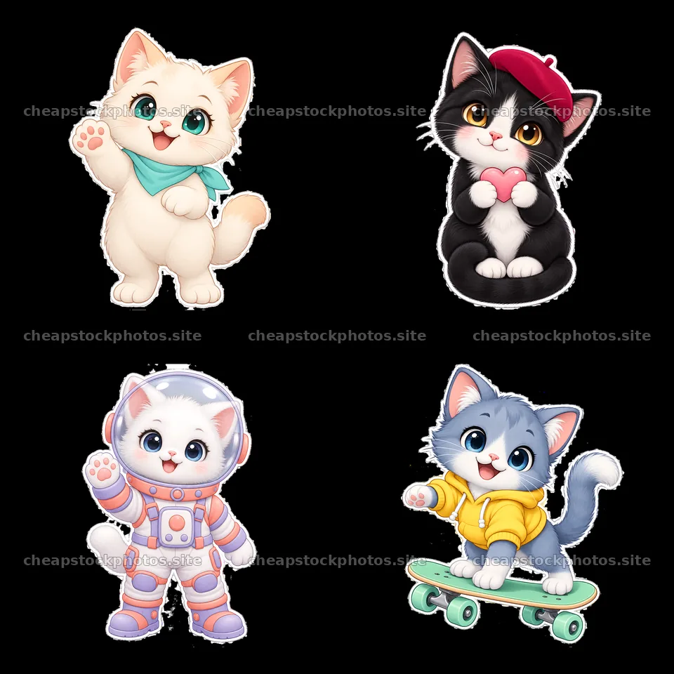 Cute kawaii cats in playful poses with accessories – stock photos 7746x7746