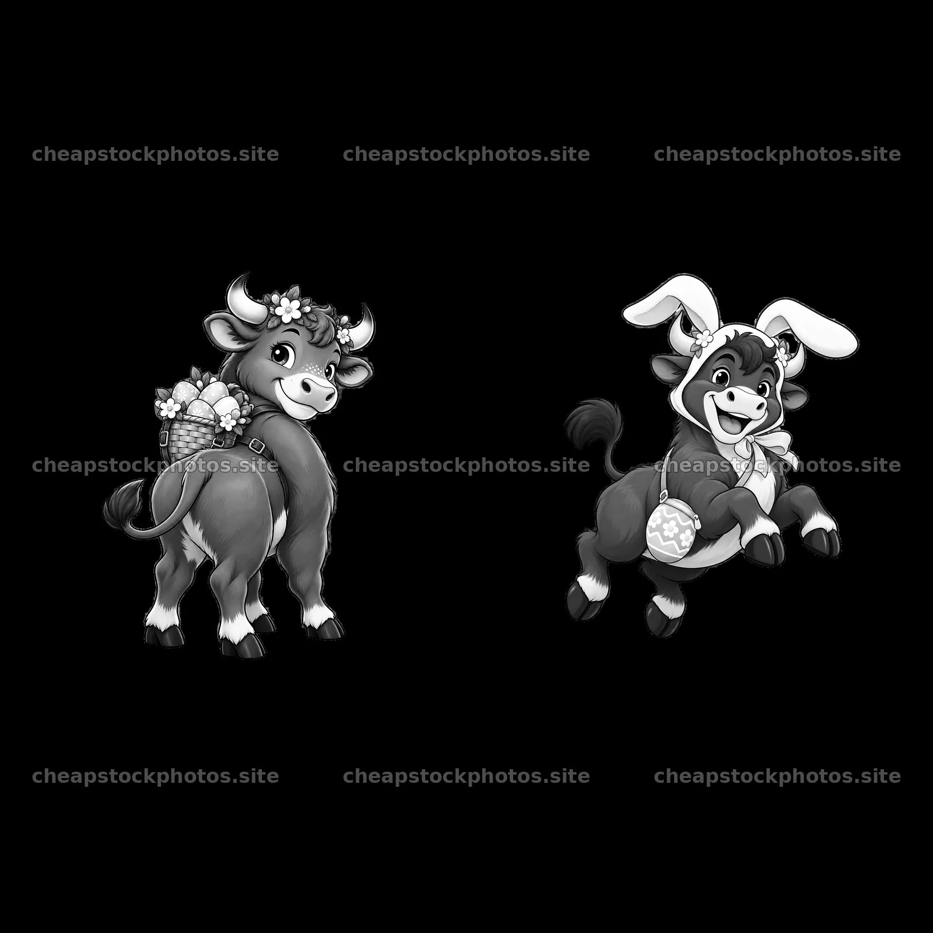 Easter ox characters with flowers and decorations in monochrome – stock photos 7746x7746