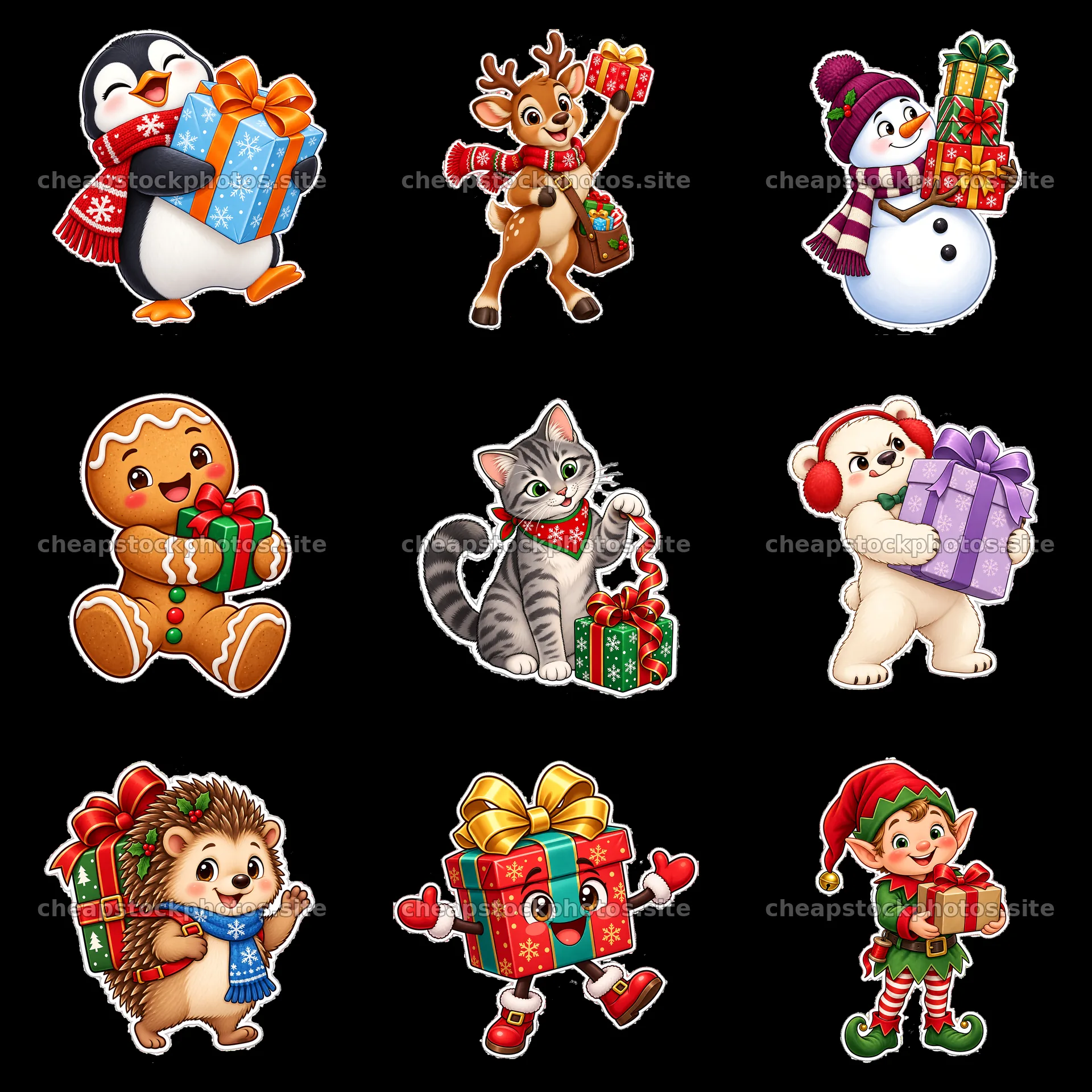 Christmas characters celebrating with presents in a playful layout – stock photos 7746x7746