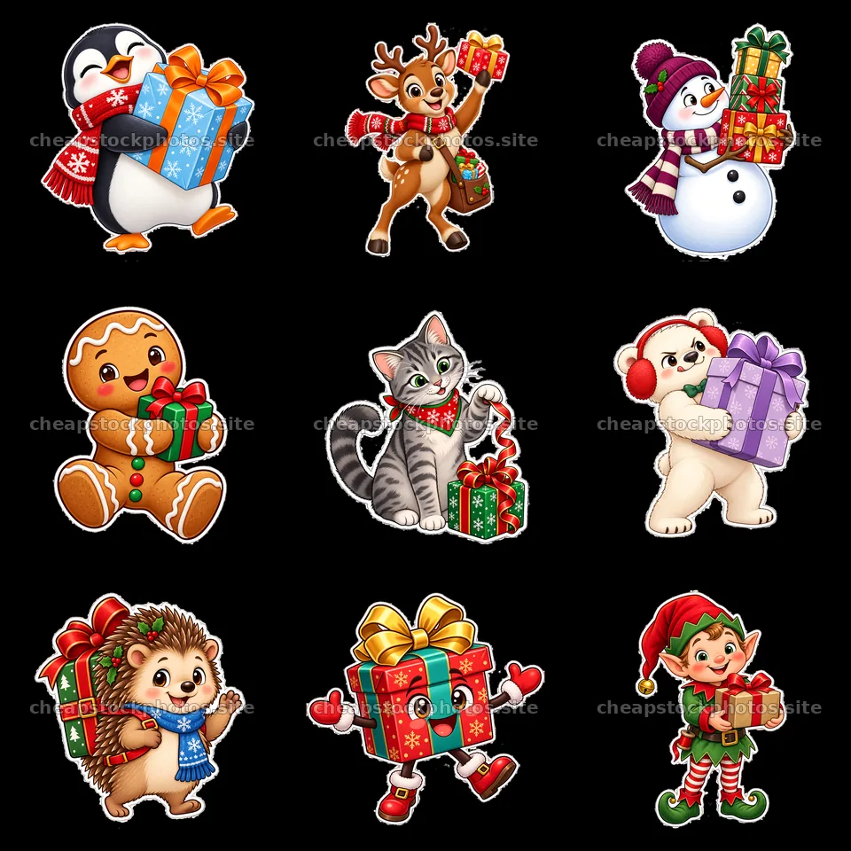Christmas characters celebrating with presents in a playful layout – stock photos 7746x7746
