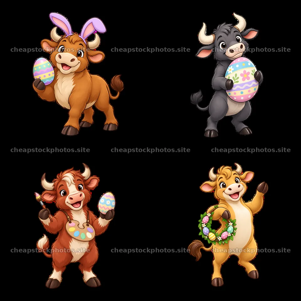 Easter ox cartoon stickers with colorful eggs in a festive layout – stock photos 7746x7746
