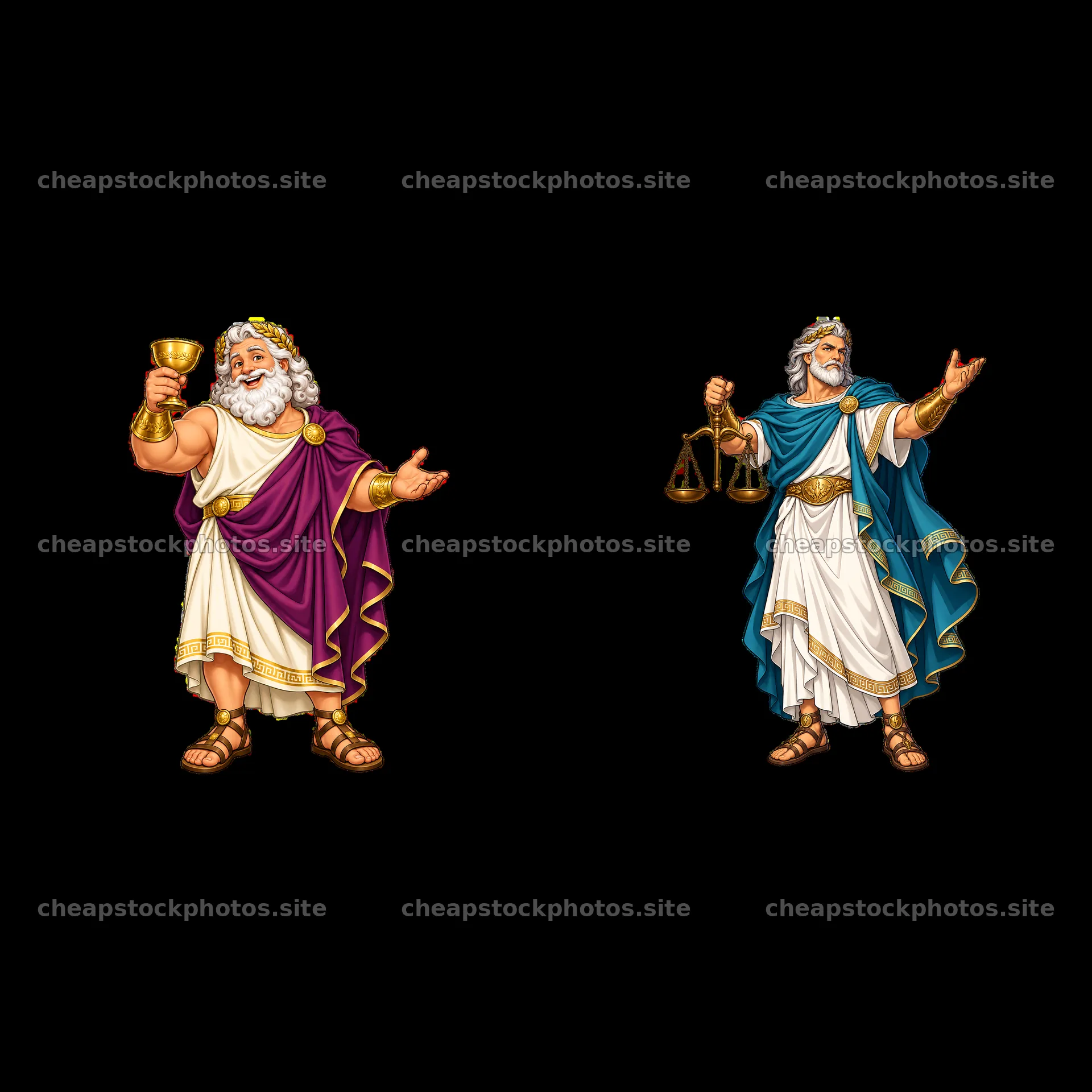 Zeus holding a cup and scales in a two-part sticker illustration – stock photos 7746x7746