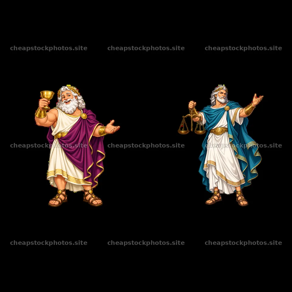 Zeus holding a cup and scales in a two-part sticker illustration – stock photos 7746x7746