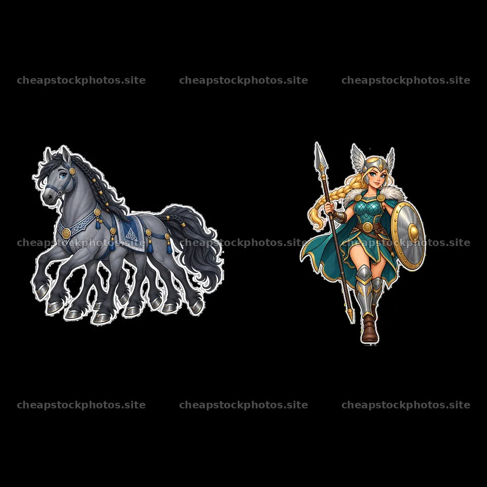 Odin's horse and valkyrie warrior in dynamic action pose – stock photos 7746x7746