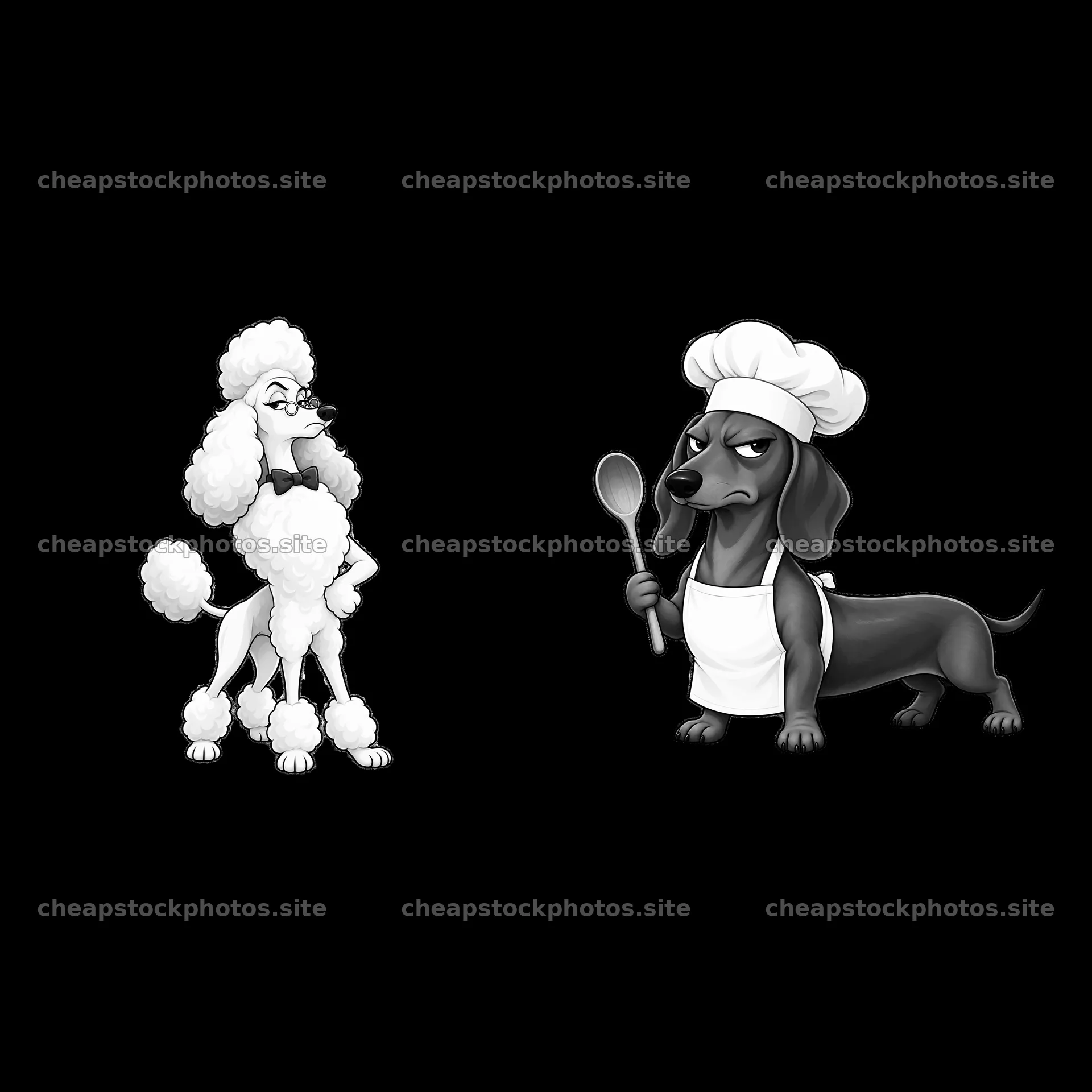 Grumpy dog chef and stylish poodle in cartoon style illustration – stock photos 7746x7746