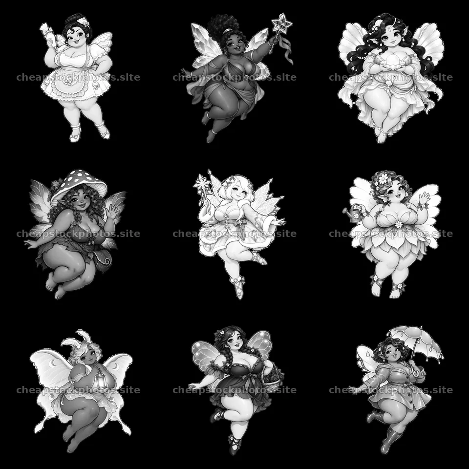 Ultra-fat fairies in a playful scene with unique accessories – stock photos 7746x7746