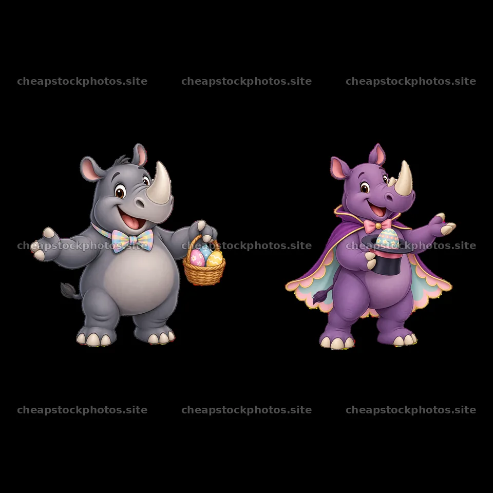 Rhinoceros characters celebrating Easter with baskets and eggs – stock photos 7746x7746