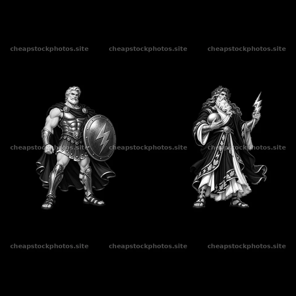 Zeus and a warrior holding a shield and lightning bolt – stock photos 7746x7746