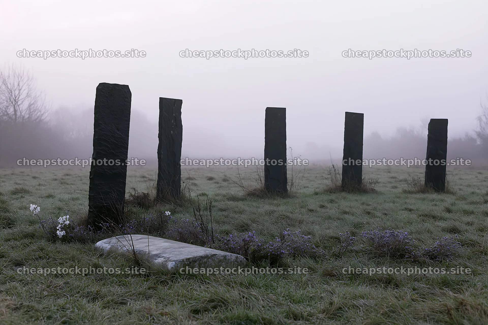 Misty winter meadow with standing stones in fog – stock photos 9722x6480