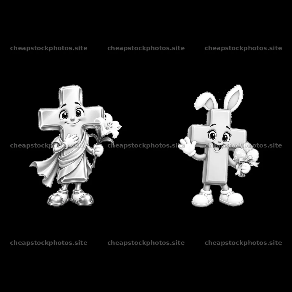 Easter cross characters holding flowers and a basket – stock photos 7746x7746