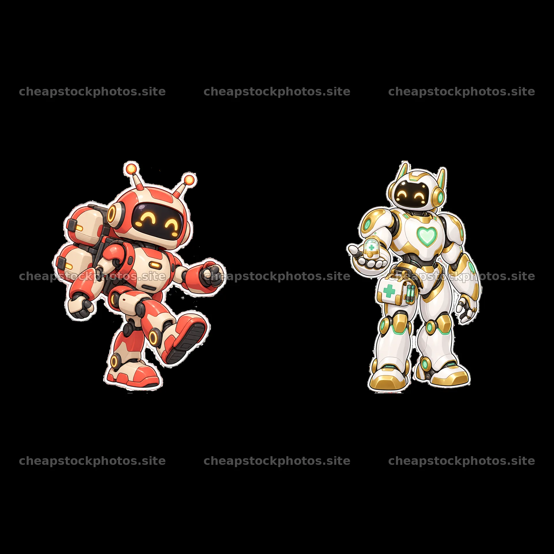 Colorful mech robot stickers with playful expressions and designs – stock photos 7746x7746