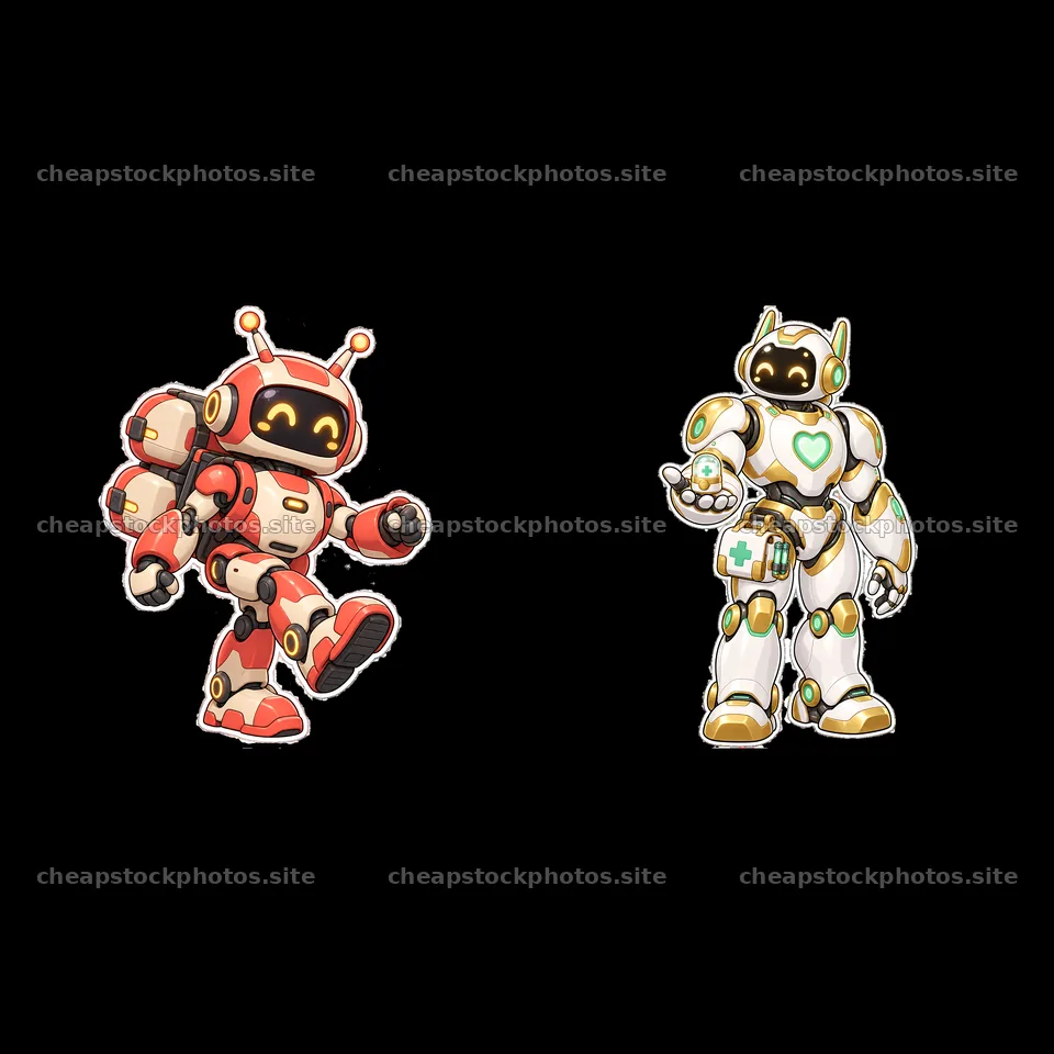Colorful mech robot stickers with playful expressions and designs – stock photos 7746x7746