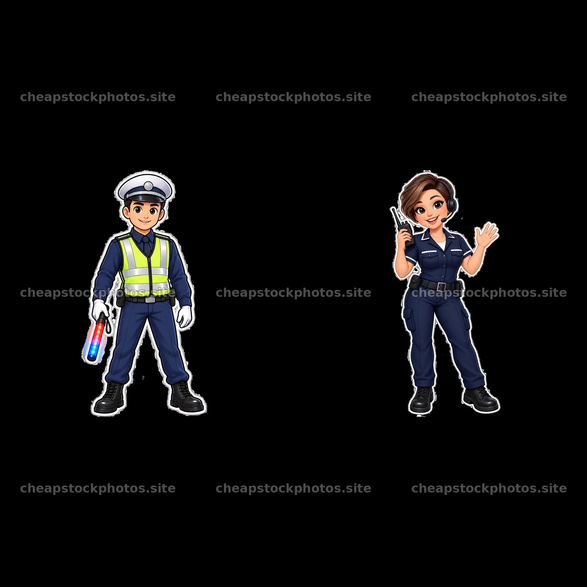 Police officers with accessories in a cartoon sticker illustration – stock photos 7746x7746