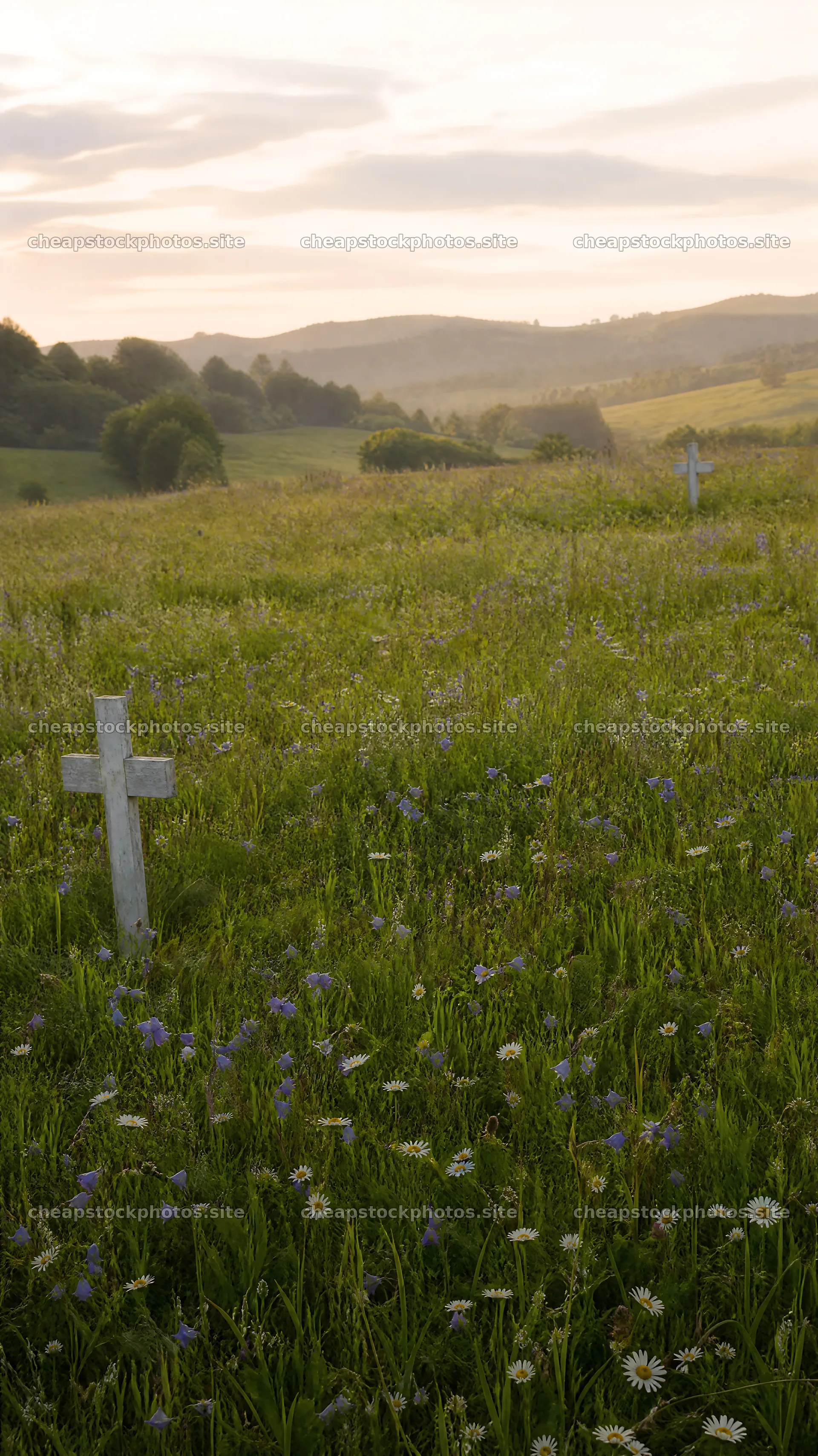 Christian crosses in meadow under sunrise with light rays – stock photos 5952x10584