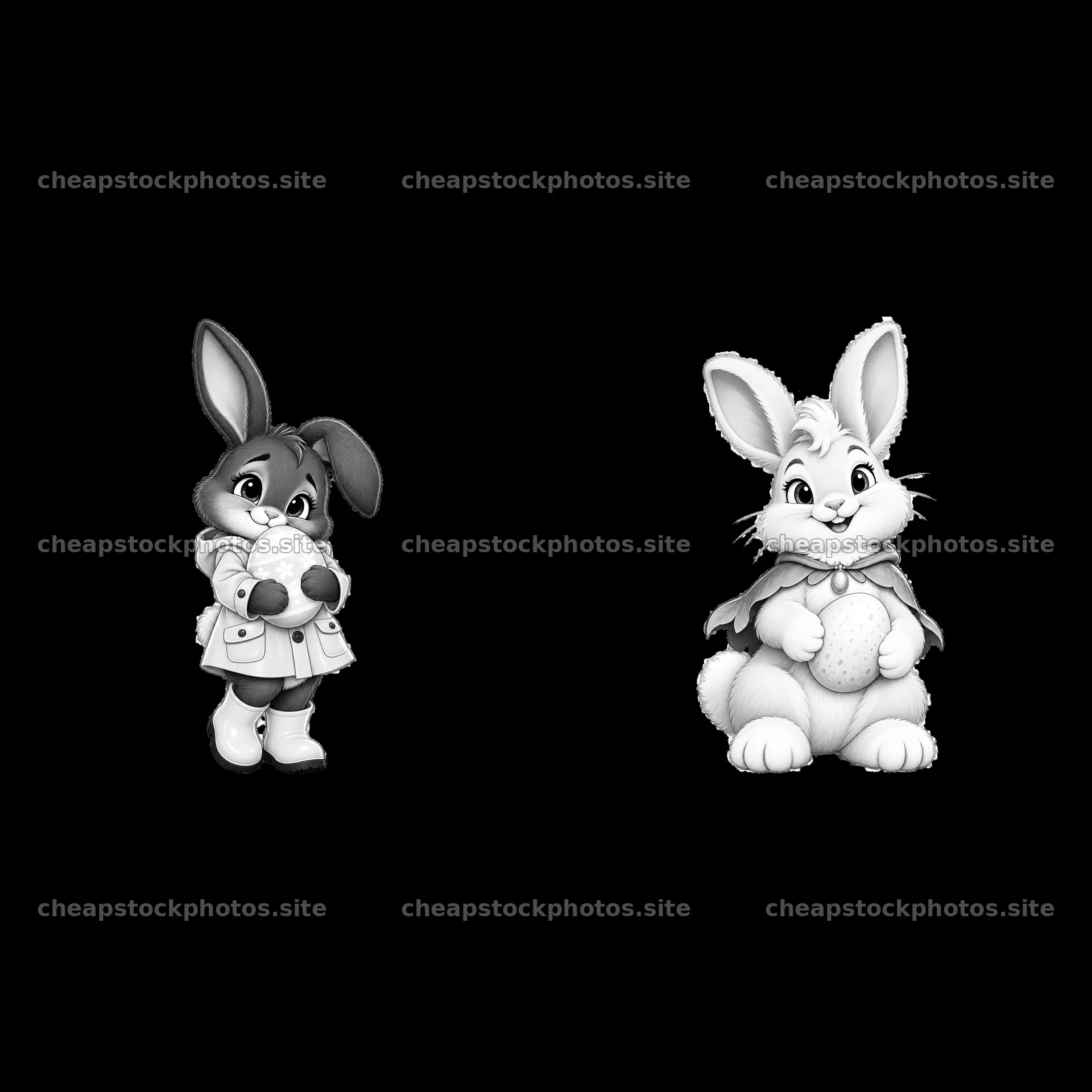 Easter bunnies holding eggs in playful poses – stock photos 7746x7746
