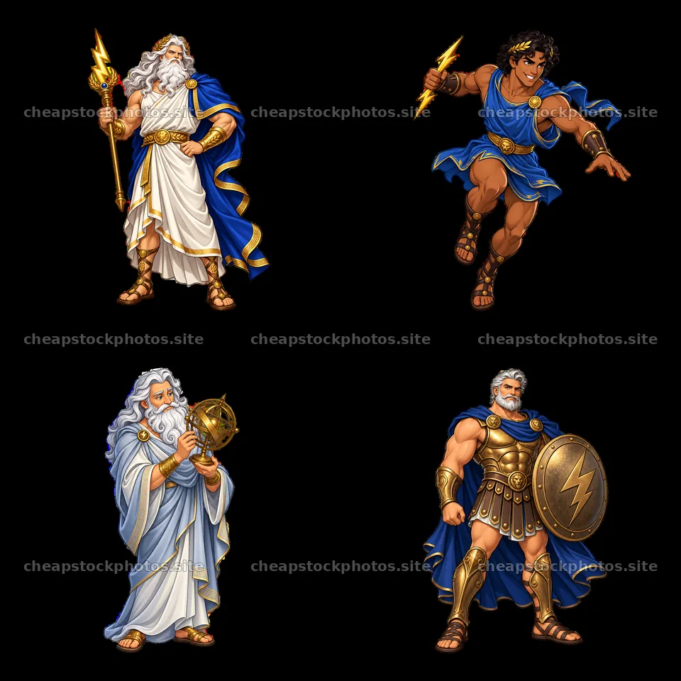 Zeus and his heroes in a cartoon sticker collection layout – stock photos 7746x7746
