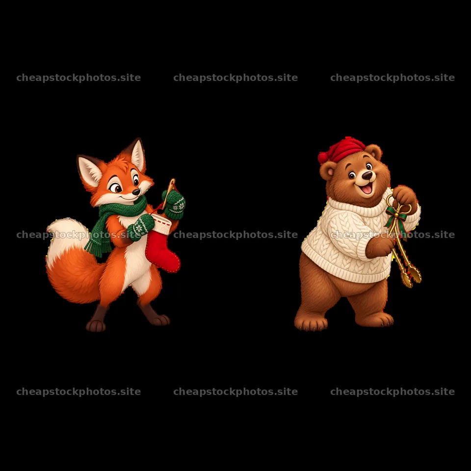 Christmas fox and bear holding festive items by the fireplace – stock photos 7746x7746