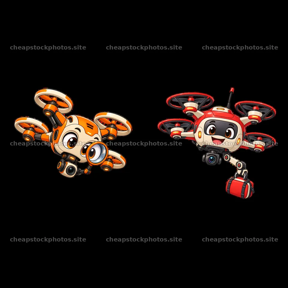 Colorful cartoon drones with characters and accessories in action – stock photos 7746x7746