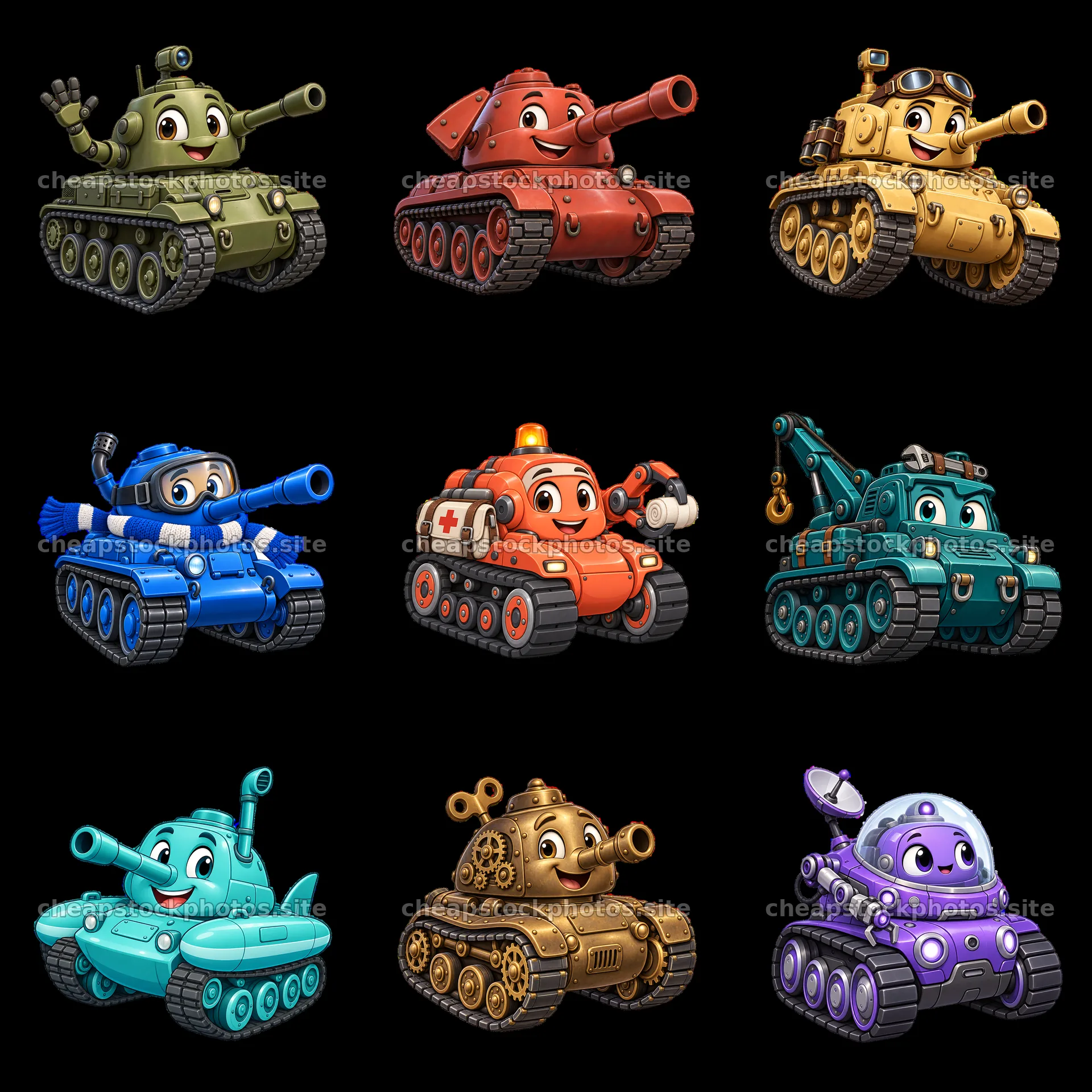 Colorful cartoon tank characters in three by three layout – stock photos 7746x7746