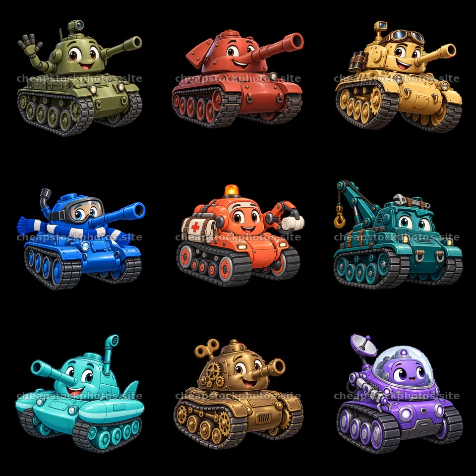 Colorful cartoon tank characters in three by three layout – stock photos 7746x7746