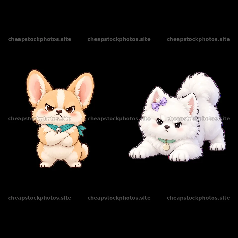 Kawaii grumpy corgi and fluffy white dog sticker illustration – stock photos 7746x7746
