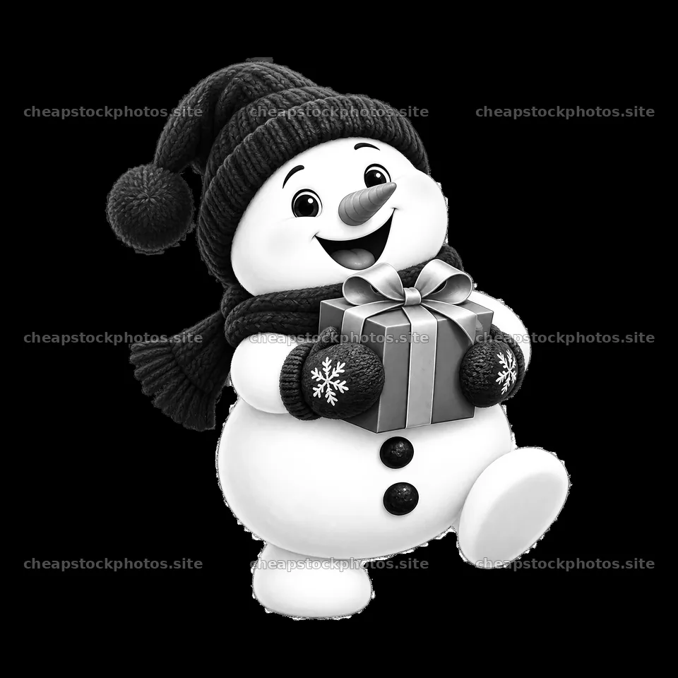 Snowman holding a gift wearing a hat and scarf – stock photos 7746x7746