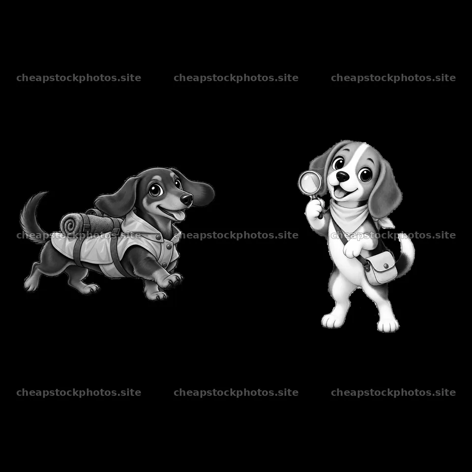 Cute K-9 cartoon dogs exploring with backpacks and magnifying glass – stock photos 7746x7746