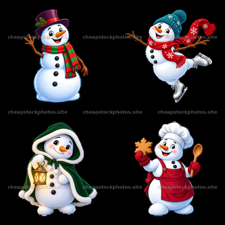 Christmas snowmen enjoying winter activities in a 2x2 layout – stock photos 7746x7746