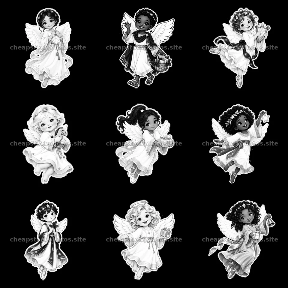 Christ Child characters in a 3x3 grid of festive stickers – stock photos 7746x7746