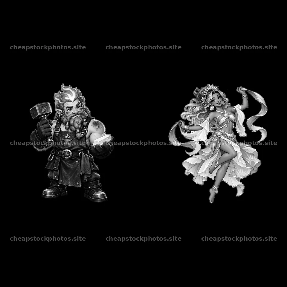 Pagan gods illustrated as a dwarf holding a hammer and a goddess – stock photos 7746x7746