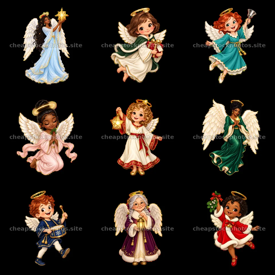 Christmas angels in nine different poses with accessories – stock photos 7746x7746