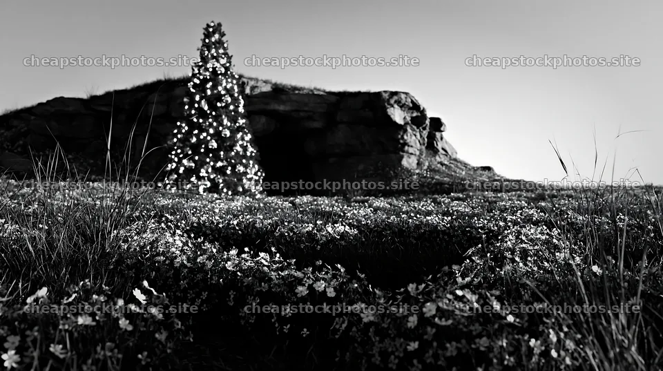 Christmas tree beside cave in meadow – stock photos 10608x5938