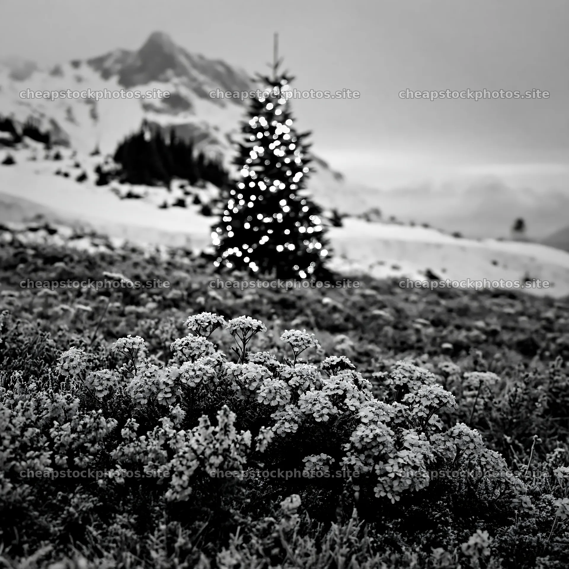 Christmas tree with lights in snowy mountain valley – stock photos 7938x7938