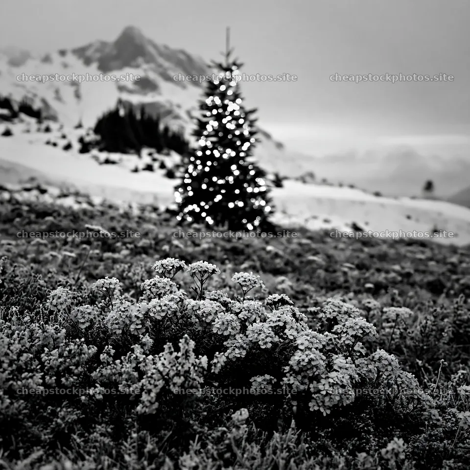 Christmas tree with lights in snowy mountain valley – stock photos 7938x7938