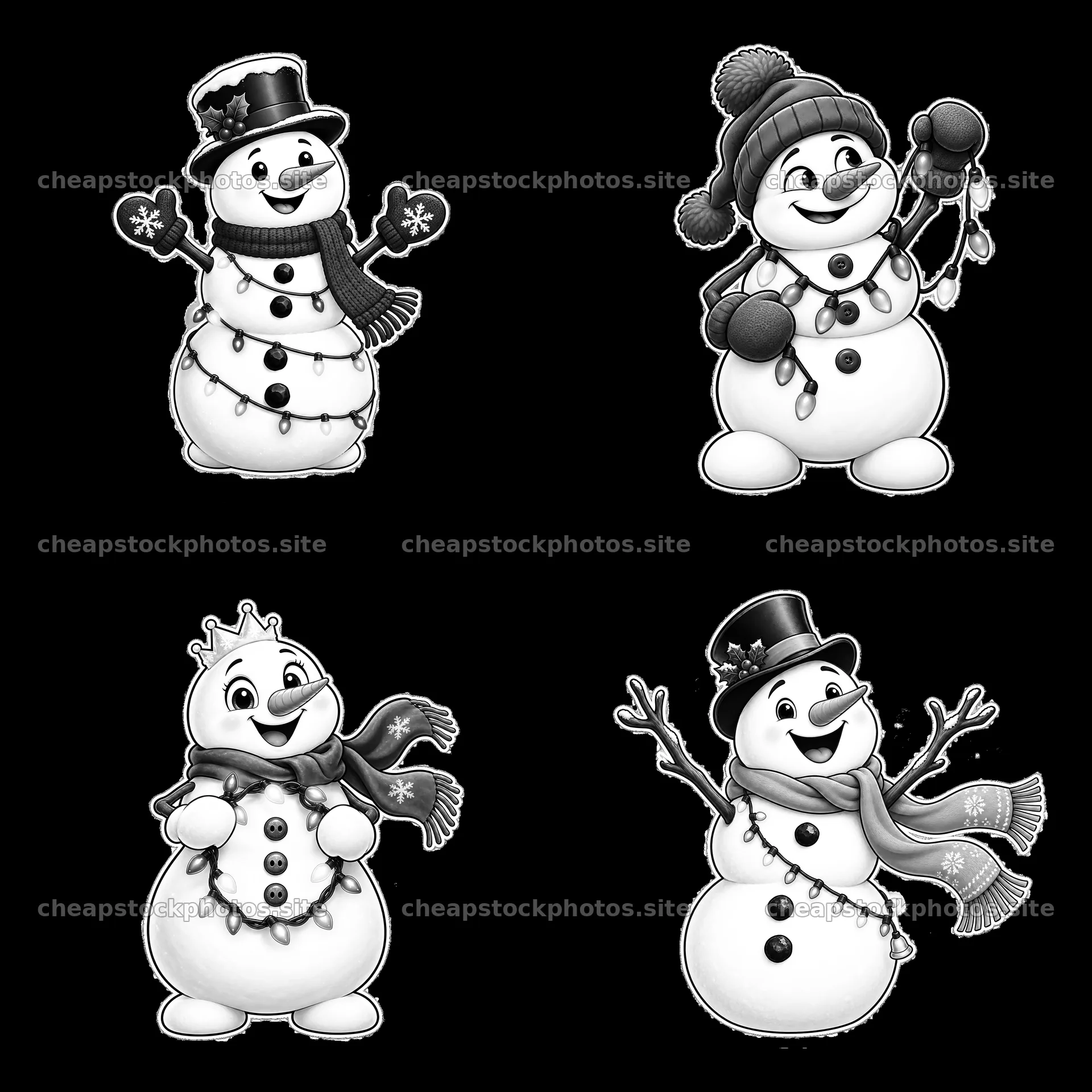 Snowman figures with string lights and winter accessories – stock photos 7746x7746