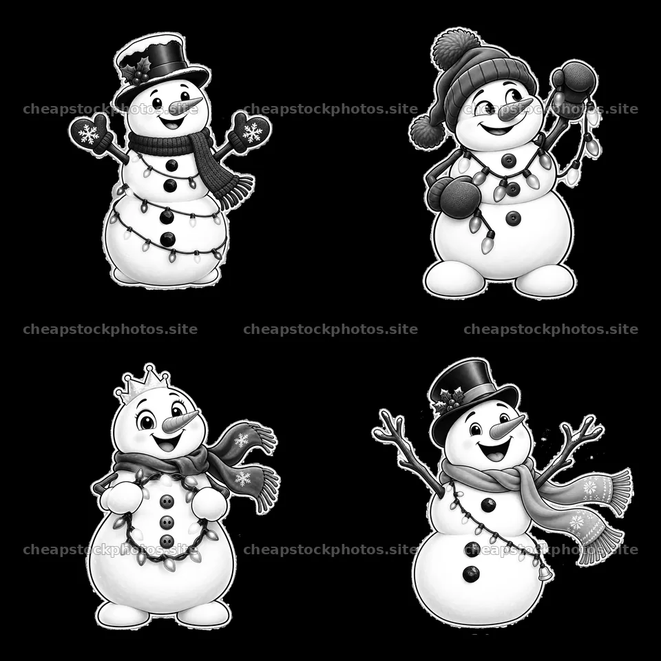 Snowman figures with string lights and winter accessories – stock photos 7746x7746