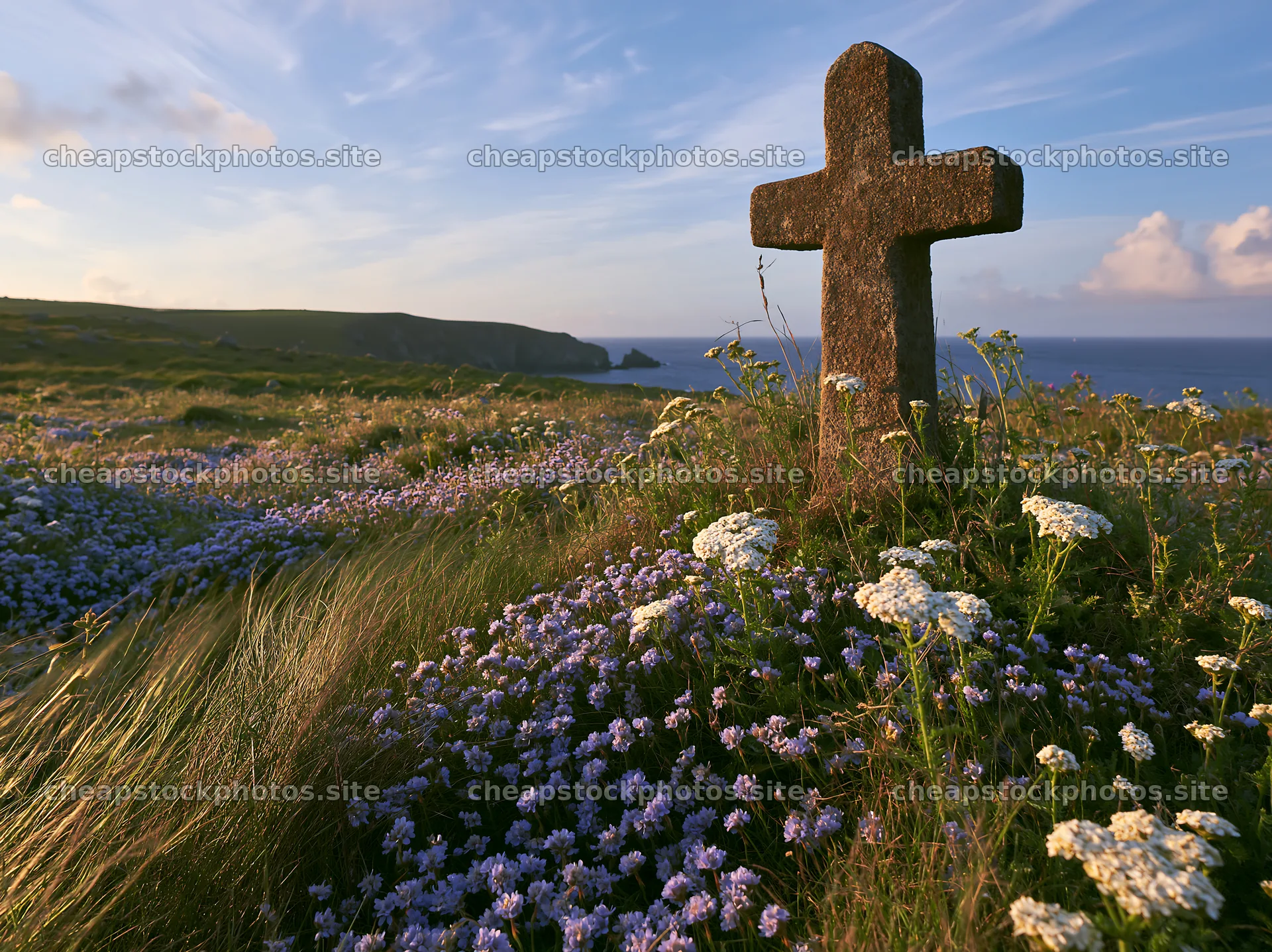 Christian cross at sunrise over meadow with flowers – stock photos 9174x6866