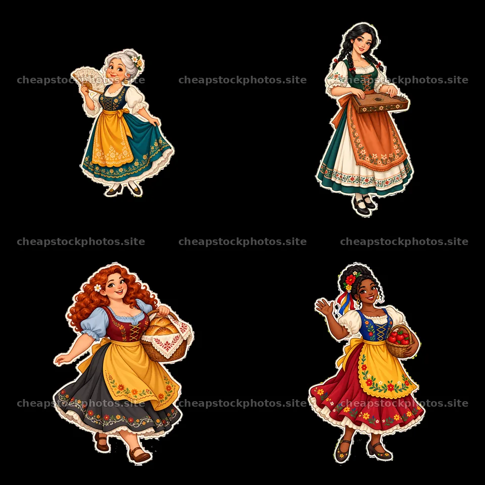 Women in traditional folk dress holding fans and baskets – stock photos 7746x7746