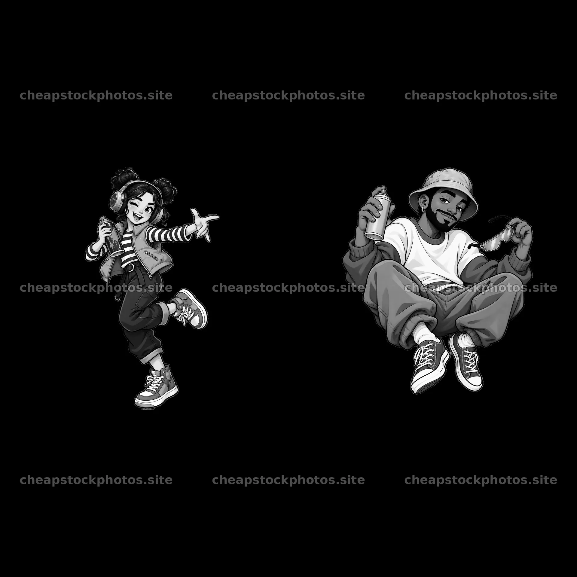 Cool graffiti sprayers with spray cans in black-and-white style – stock photos 7746x7746