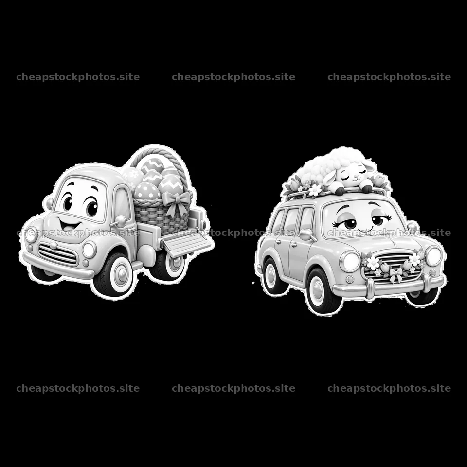 Easter car with basket and car with flowers in black and white – stock photos 7746x7746