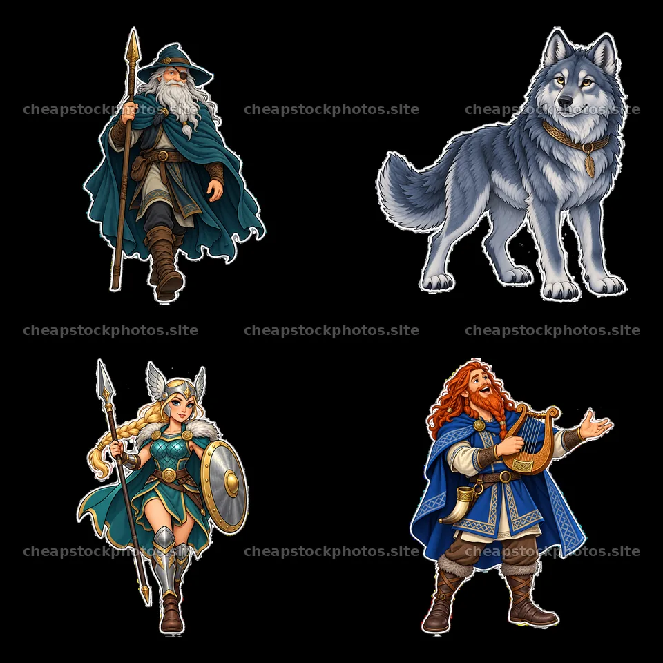 Odin the Norse All-Father with companions in four cartoon figures – stock photos 7746x7746