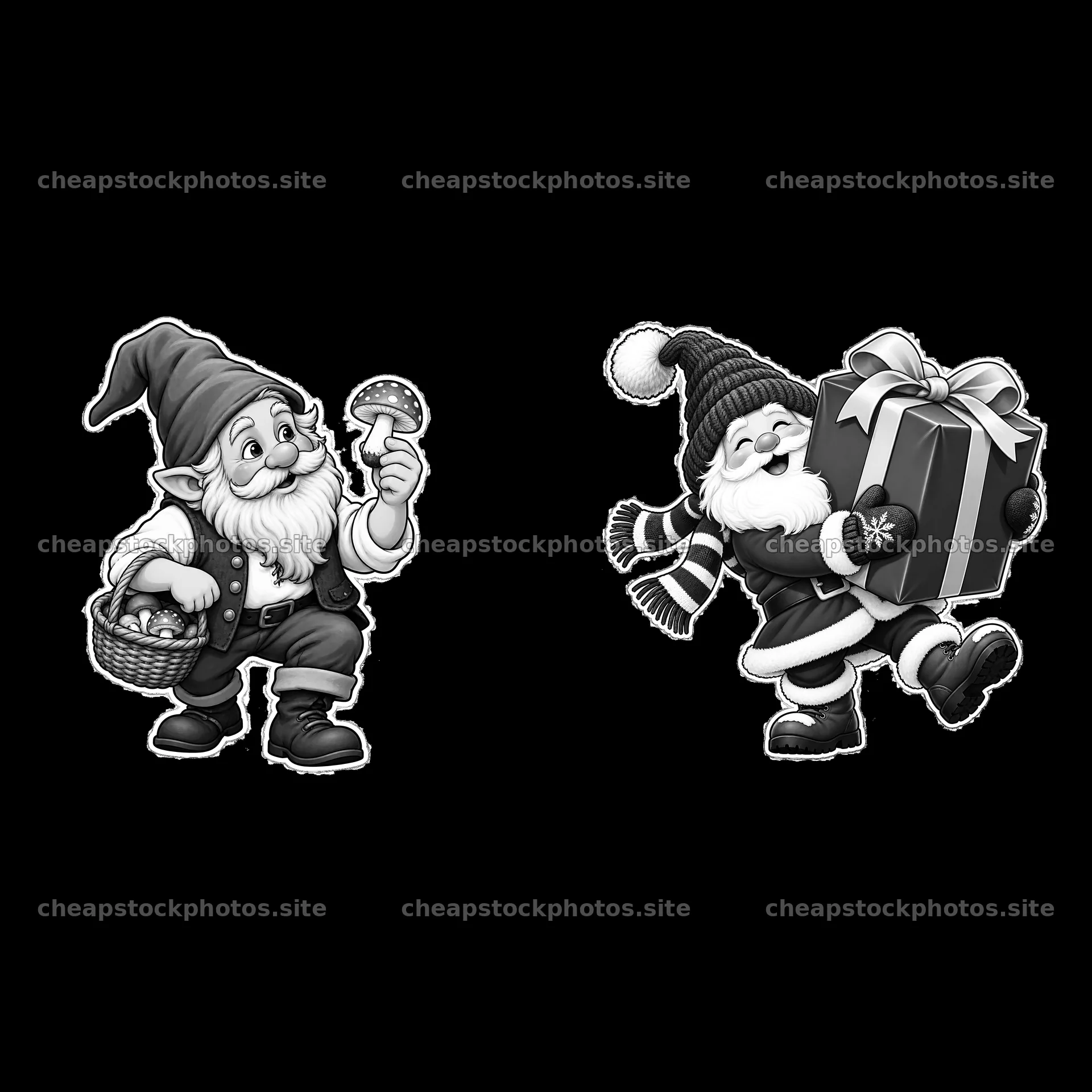 Two gnomes, one with a basket and the other with a gift – stock photos 7746x7746