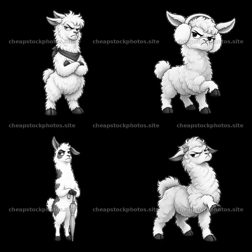 Grumpy llama cartoon stickers in various poses and expressions – stock photos 7746x7746