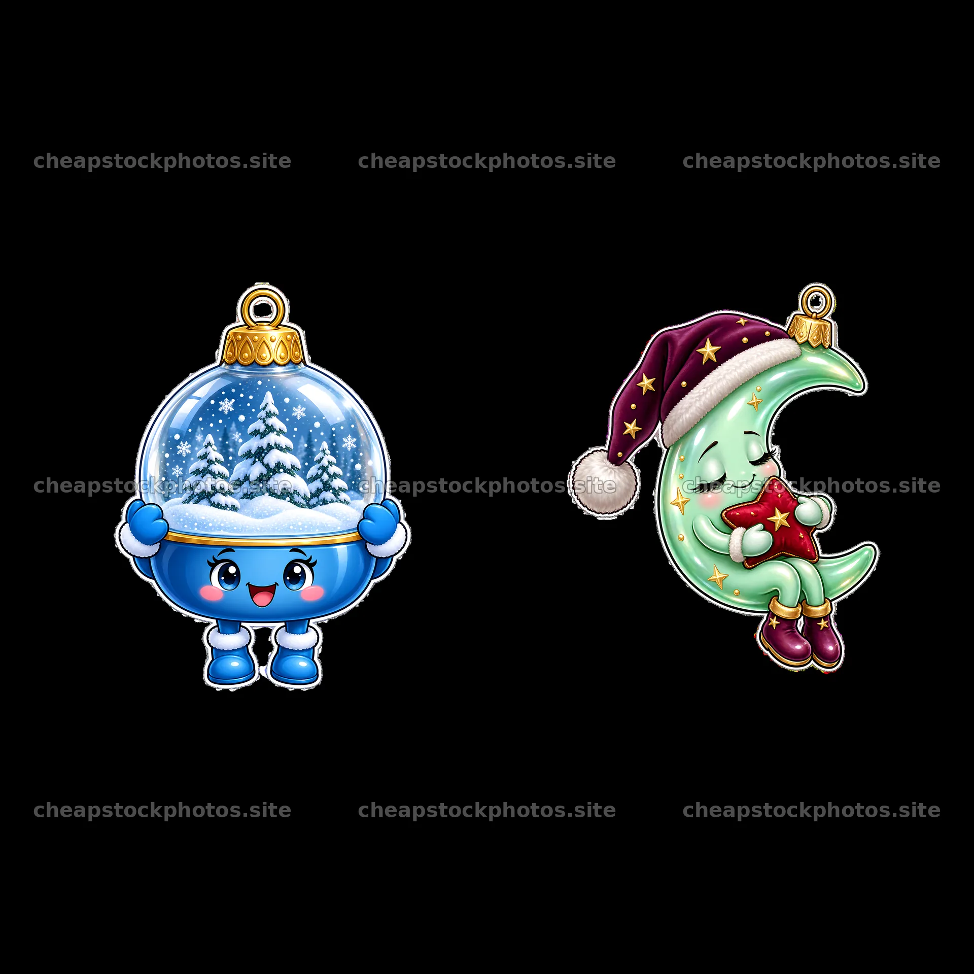 Christmas ornament stickers featuring snow globe and crescent moon – stock photos 7746x7746