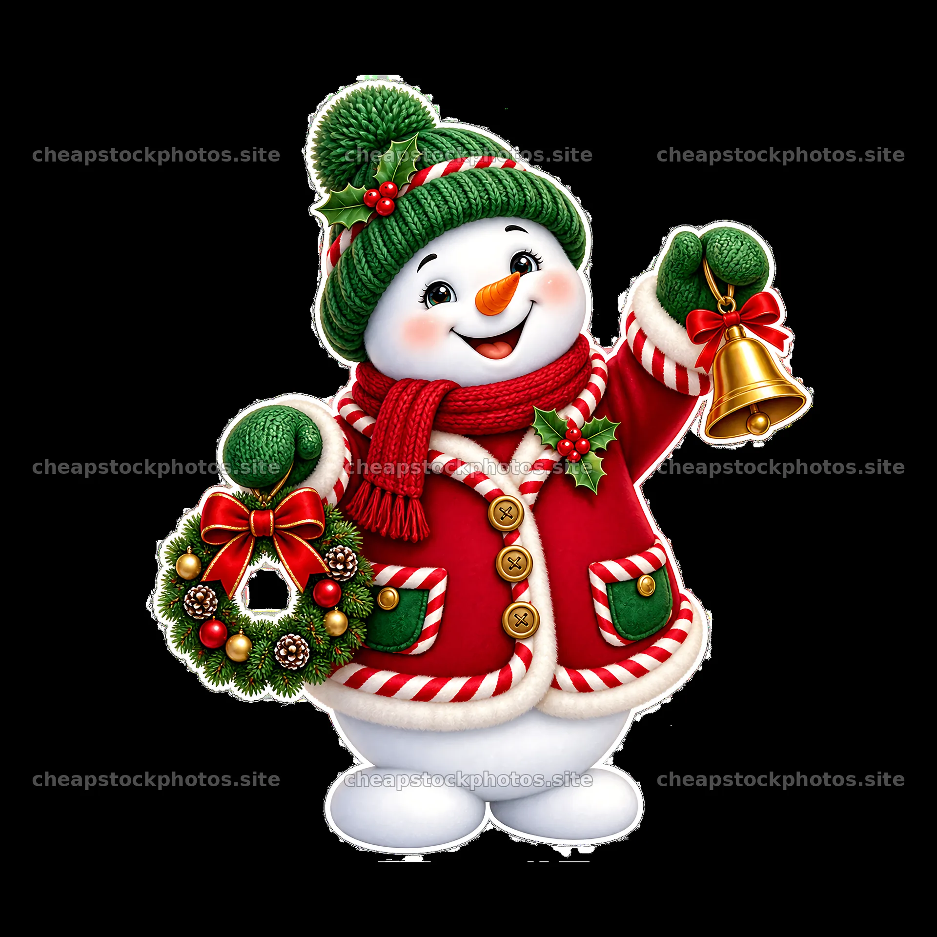 Cheerful snowman with a bell and wreath celebrating Christmas – stock photos 7746x7746