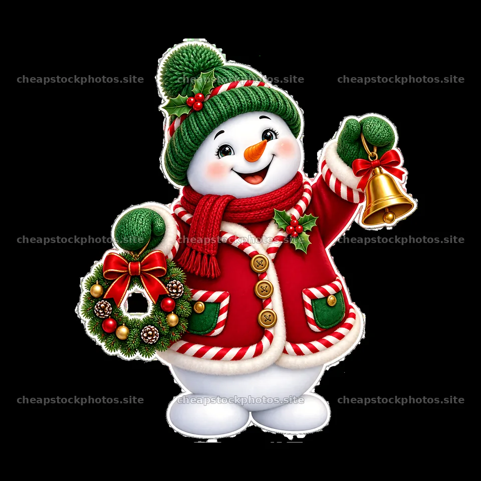 Cheerful snowman with a bell and wreath celebrating Christmas – stock photos 7746x7746