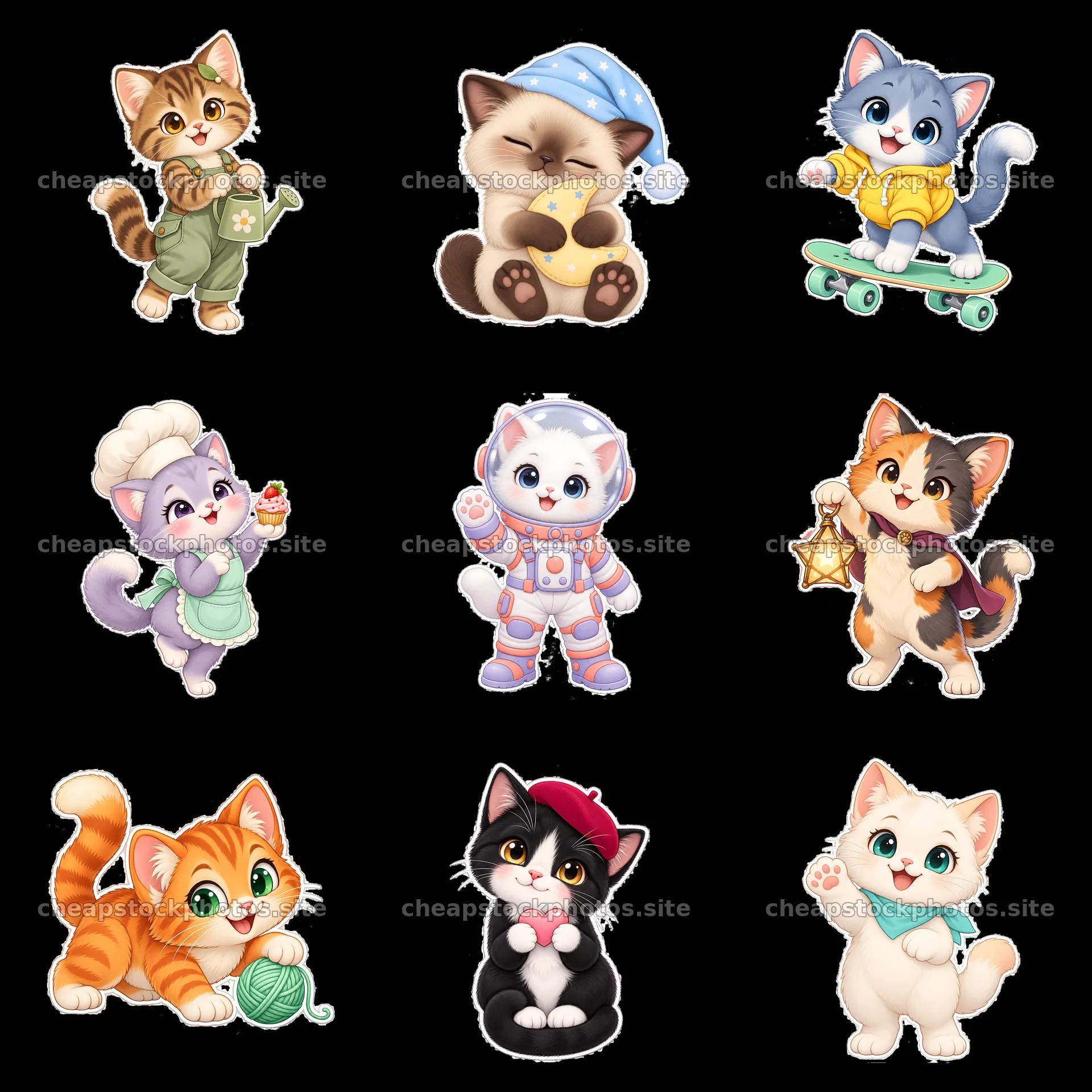 Kawaii cat stickers in playful activities and costumes – stock photos 7746x7746