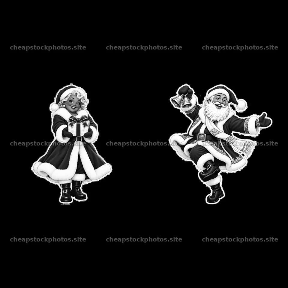 Santa Claus and cheerful woman with gifts in black-and-white design – stock photos 7746x7746