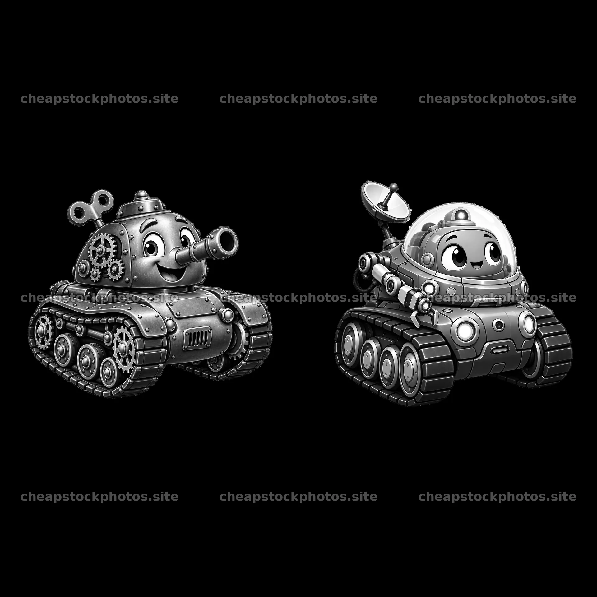 Two cartoon tanks with cheerful expressions and unique designs – stock photos 7746x7746